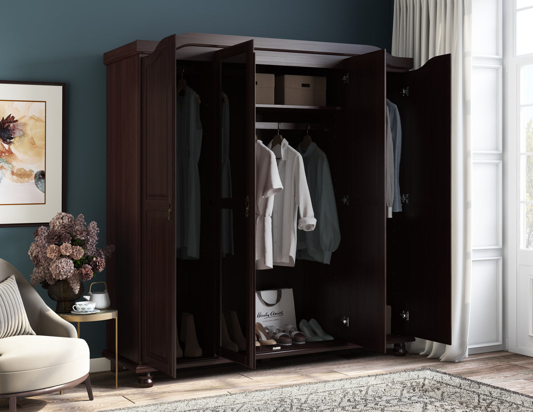 100% Solid Wood Kyle 4-Door Wardrobe Armoire with Mirrored, Solid Wood Doors