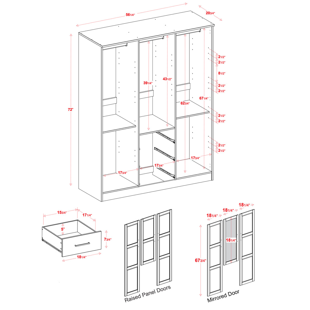 100% Solid Wood Cosmo 3-Door Wardrobe Armoire with Solid Wood Doors