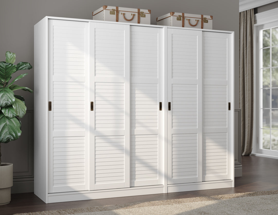 100% Solid Wood 5-Closed Louvered Sliding Door Wardrobe Armoire