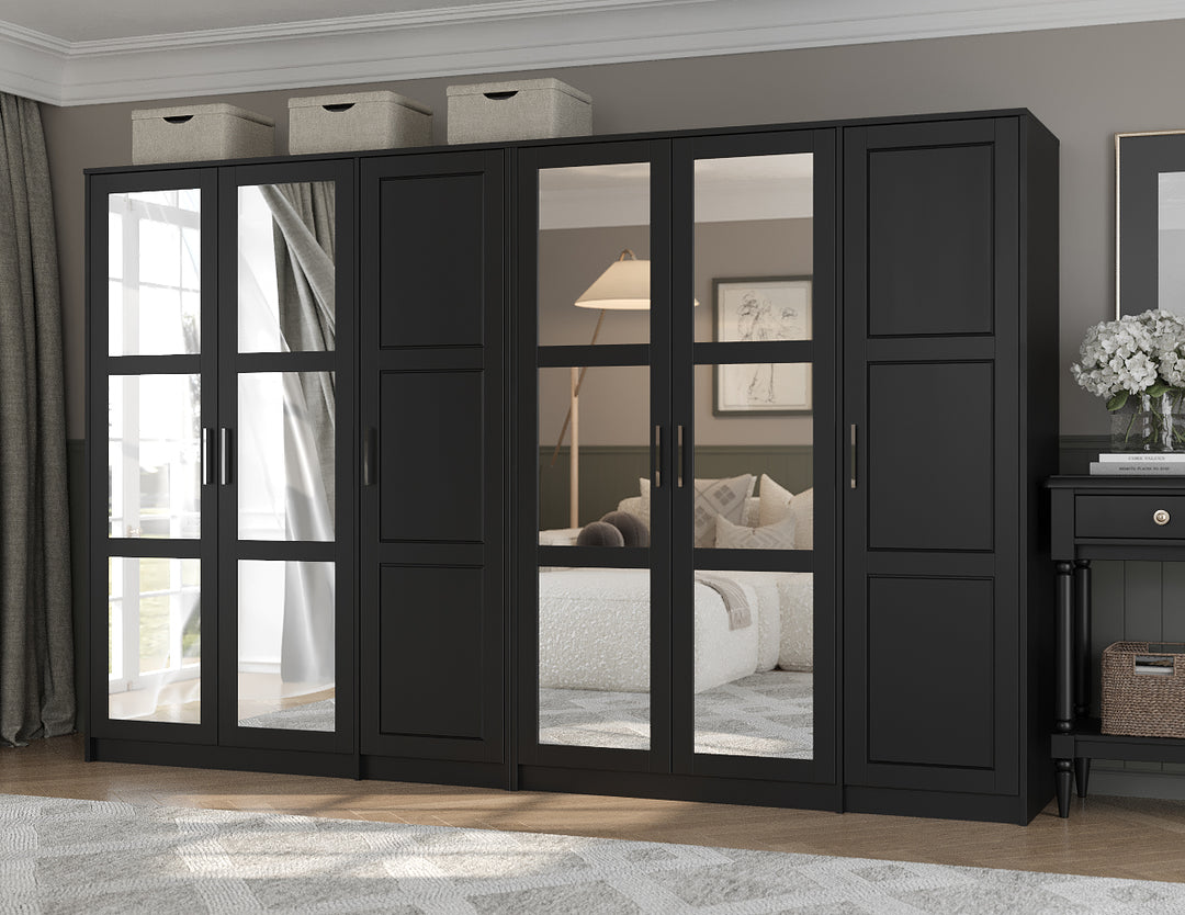 100% Solid Wood Urban 6-Door Wardrobe Closet with Mirrored Doors