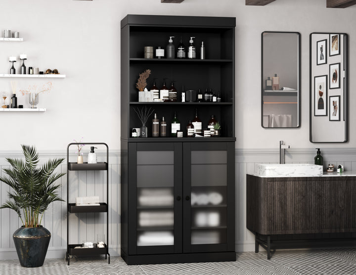 100% Solid Wood 32" Bathroom Cabinet with Frosted Glass Doors, 2-drawer Set