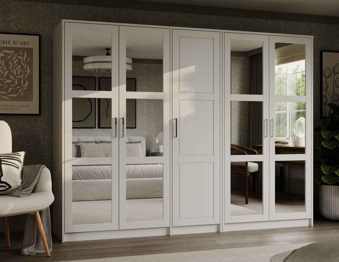 100% Solid Wood Urban 5-Door Wardrobe Armoire, Mirrored Doors