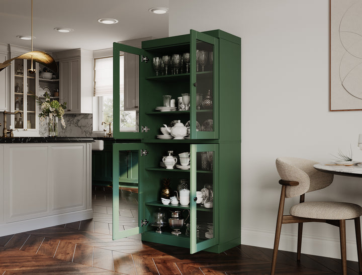 100% Solid Wood 32" Pantry Cabinet, Glass Doors