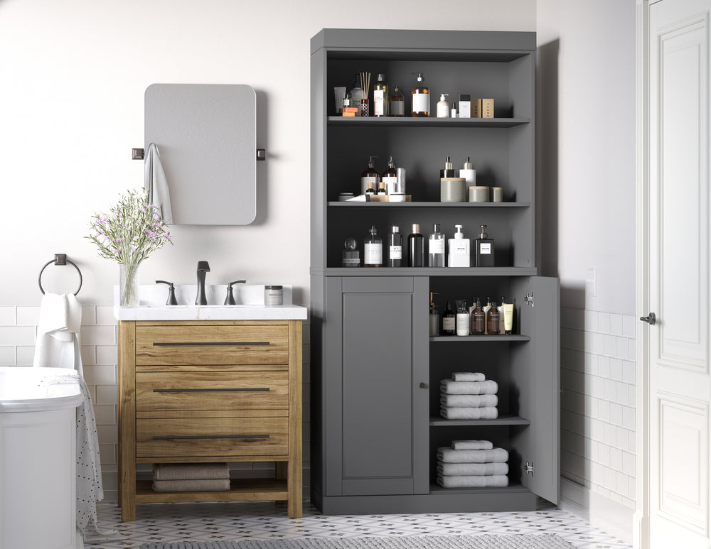 Gray bathroom cabinet with adjustable shelves