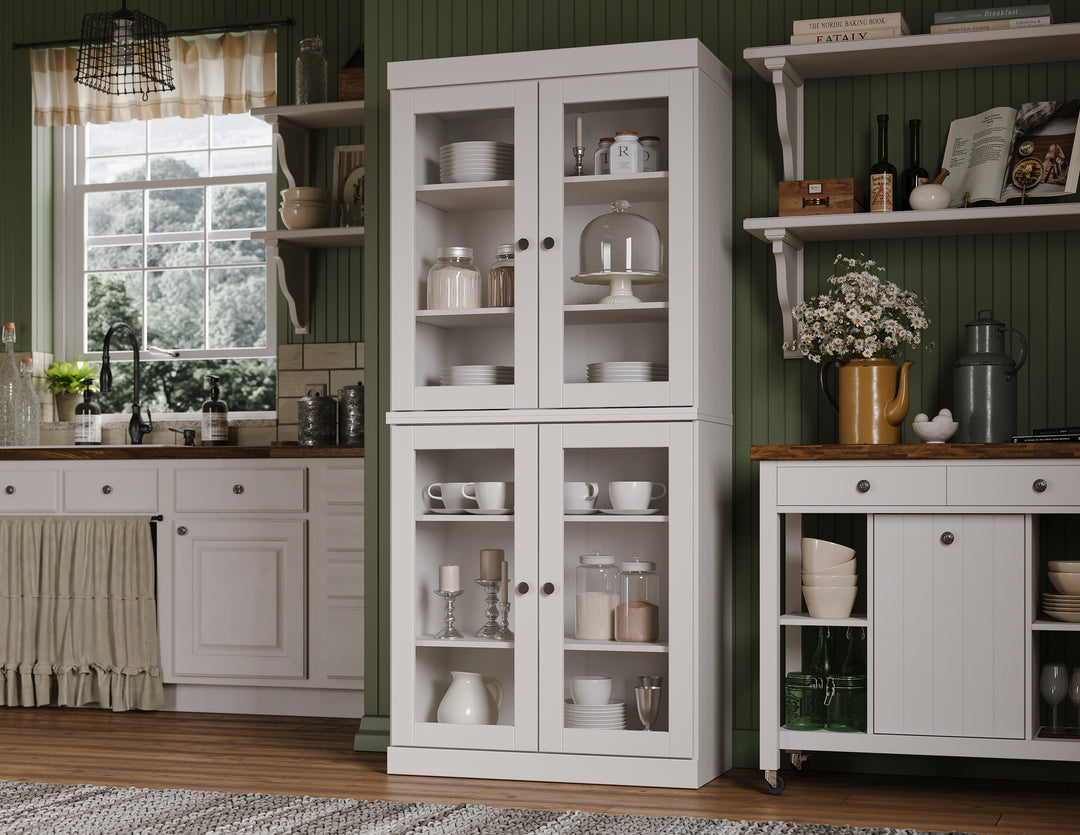 100% Solid Wood 32" Pantry Cabinet, Glass Doors