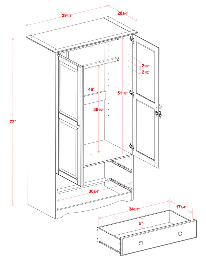 100% Solid Wood Smart Wardrobe Armoire with Metal Knobs