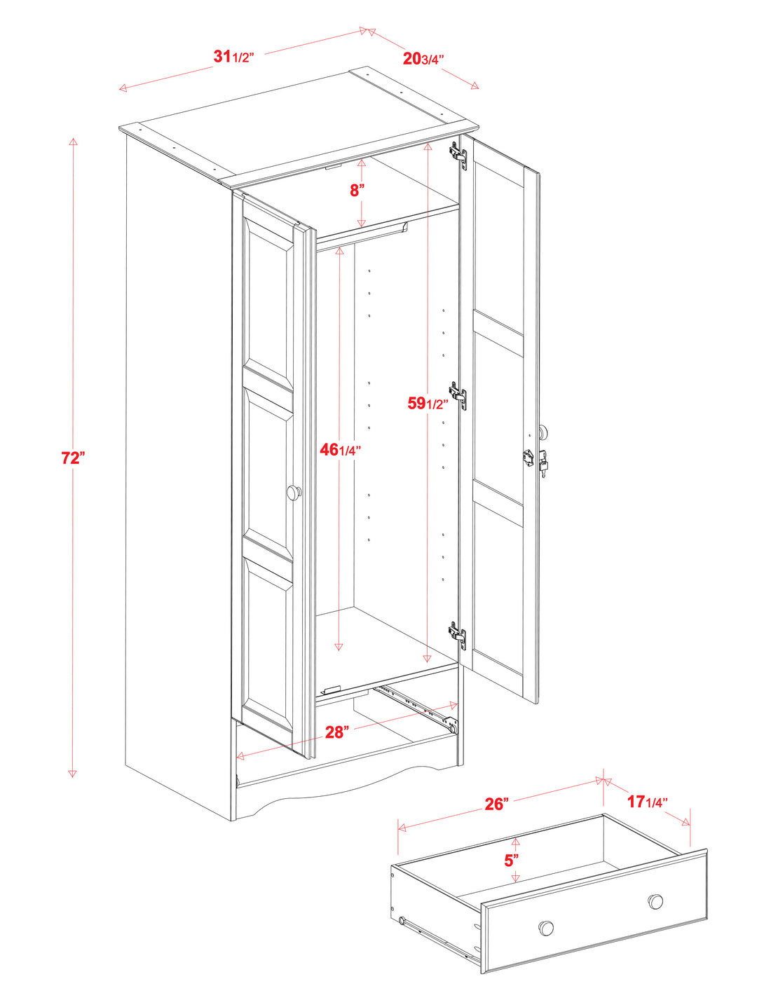 100% Solid Wood Flexible Wardrobe Armoire with Metal Knobs