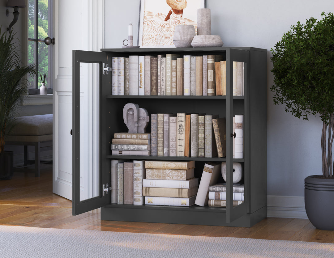 100% Solid Wood 32" 3-shelf Bookcase, 2 Clear Glass Doors