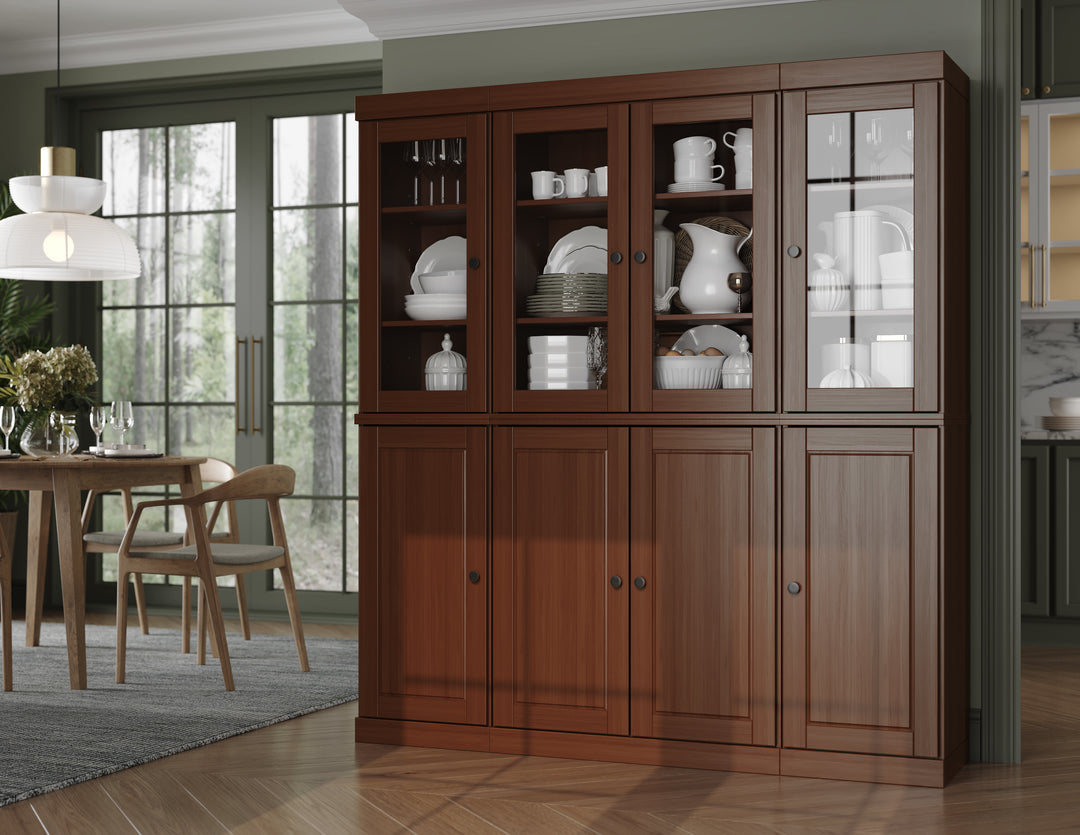 100% Solid Wood 65" China Pantry Cabinet, 4 Clear Glass, 4 Solid Wood Doors