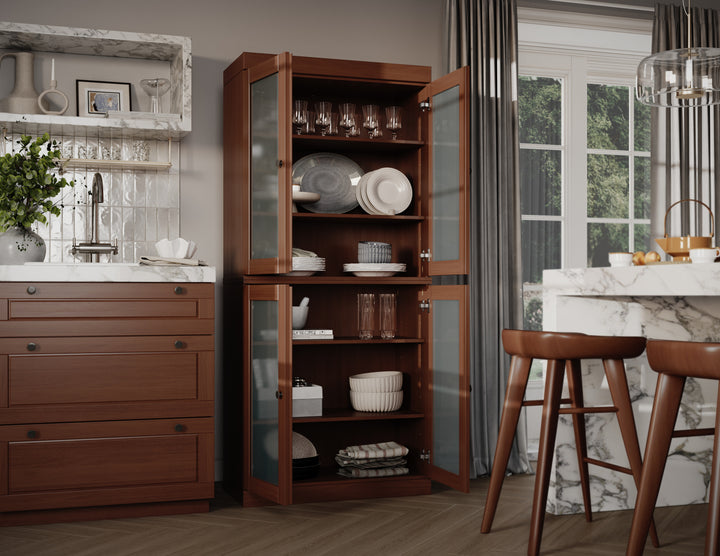 100% Solid Wood 32" Pantry Cabinet, Frosted Glass Doors