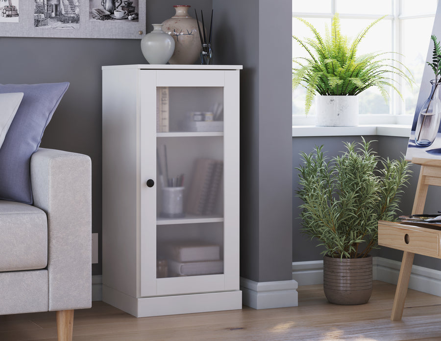 White bookcase with frosted glass doors