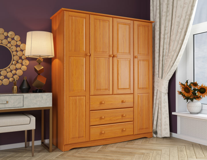 100% Solid Wood Family Wardrobe Armoire with Solid Wood Doors, Metal Knobs