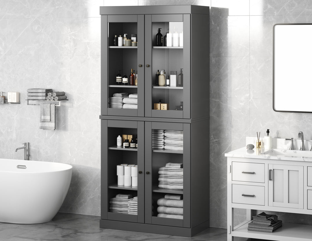 100% Solid Wood 32" Bathroom Cabinet, Glass Doors