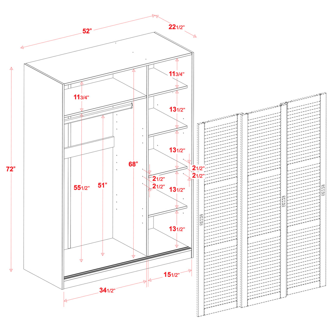 100% Solid Wood 6-Closed Louvered Sliding Door Wardrobe Armoire