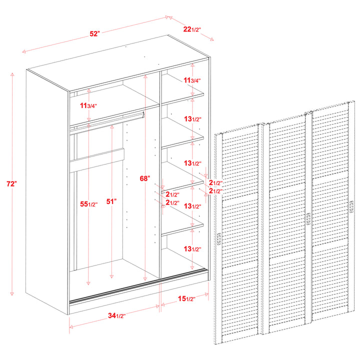 100% Solid Wood 6-Closed Louvered Sliding Door Wardrobe Armoire