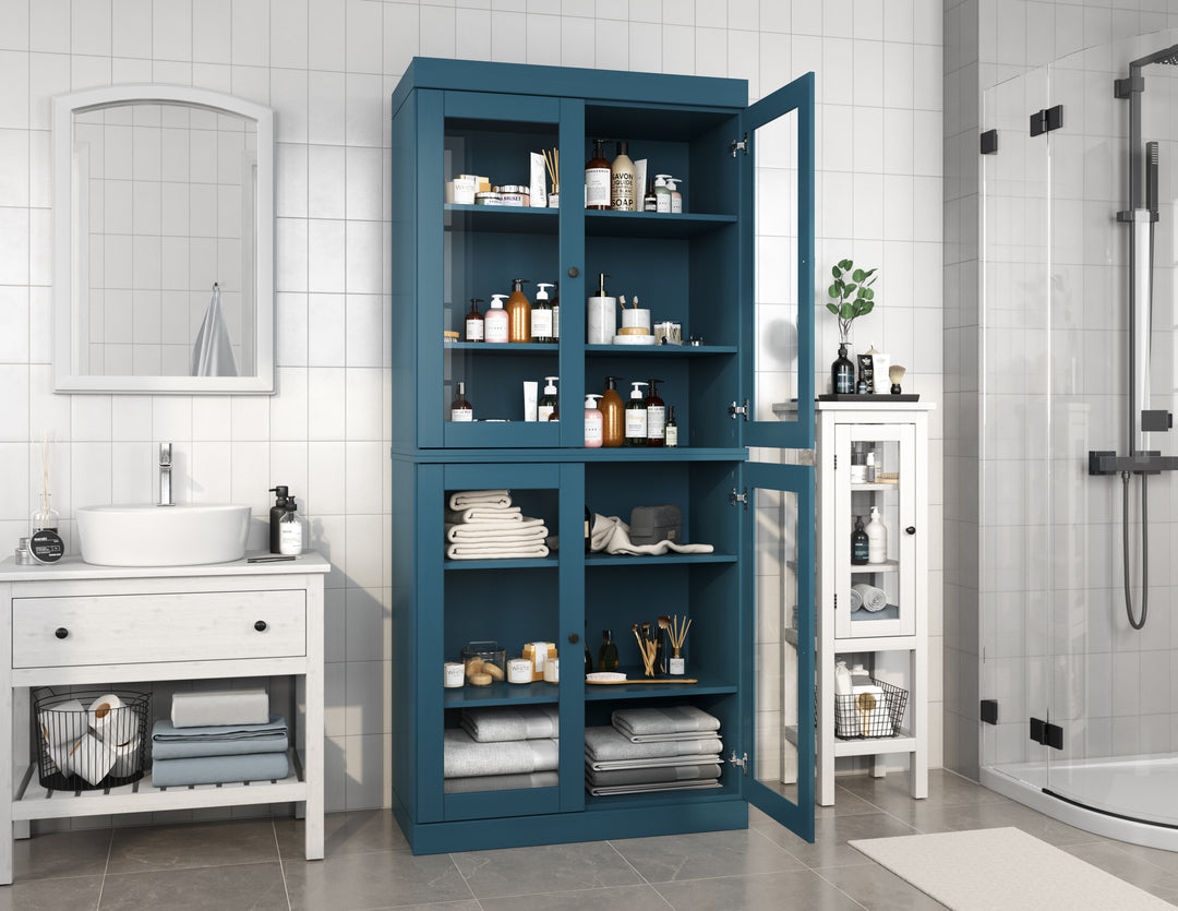 100% Solid Wood 32" Bathroom Cabinet, Glass Doors