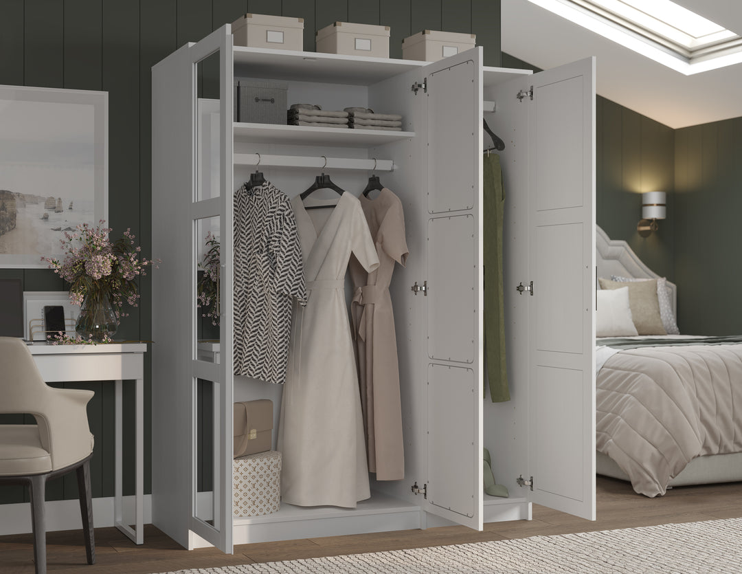 100% Solid Wood Urban 3-Door Wardrobe Armoire with Mirrored Doors