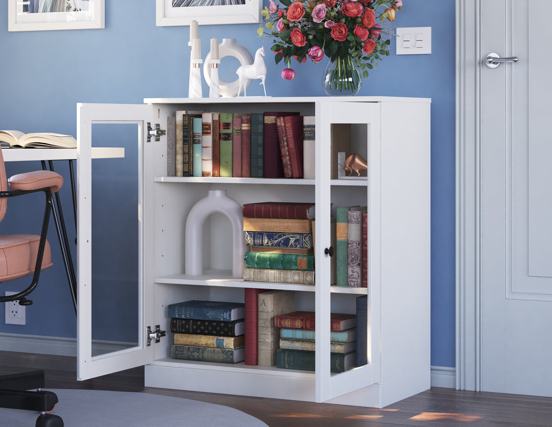 100% Solid Wood 32" 3-shelf Bookcase, 2 Frosted Glass Doors